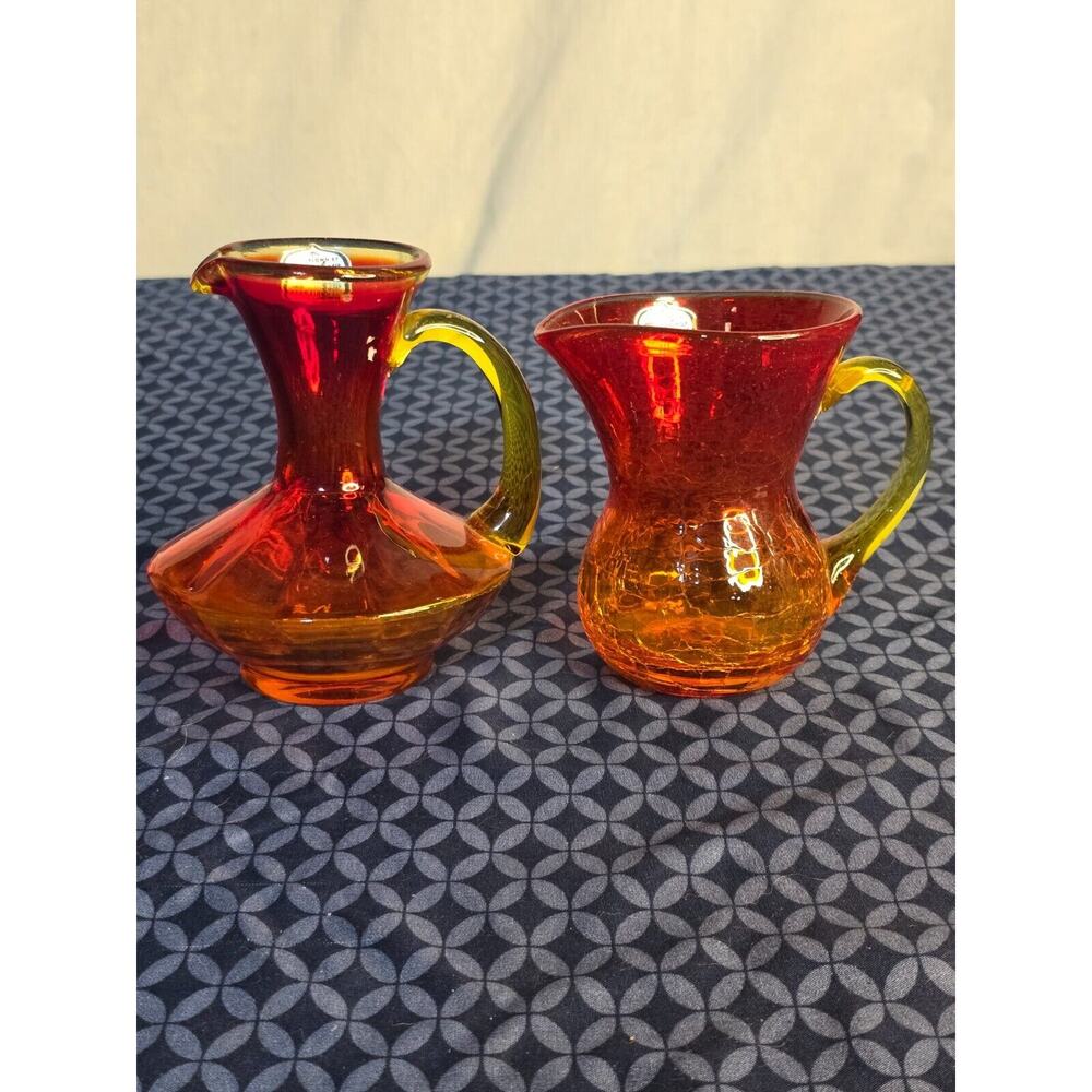 2 Orange Yellow Crackle Glass & Blown Small Pitchers Rainbow Glass co Huntington